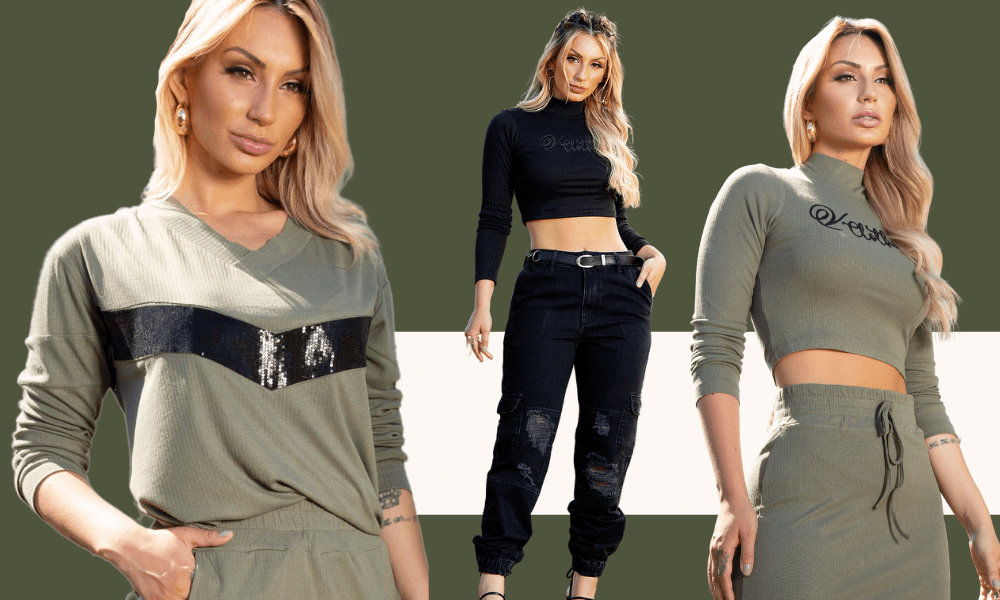 Modelos vestem roupas na cor verde militar, sendo um conjunto blusa e calça em tecido canelado, um conjunto saia e blusa em tecido canelado. Veste um conjunto com calça utilitária jeans preto e blusa canelada preta, todas as peças da marca V Clothing